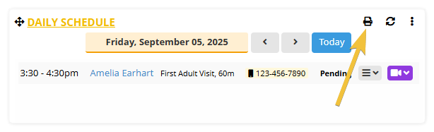 How do I get a print out of my daily schedule when logged in as a practitioner -  Shows the daily schedule dashboard card with an arrow pointing to the 'Print' icon. 